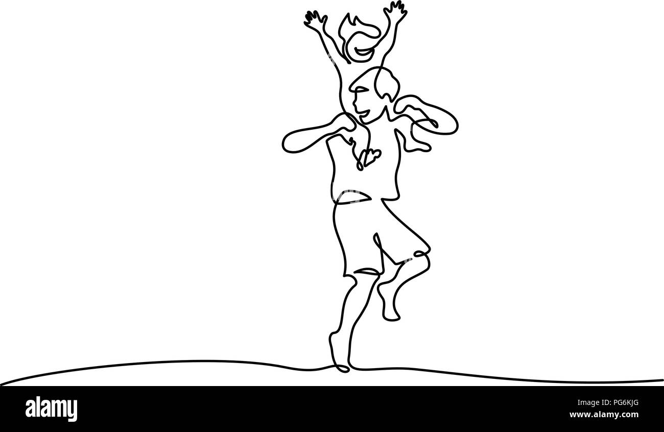 Continuo di un disegno della linea. Concetto di famiglia. Padre tenere il piccolo figlio sulle sue spalle. Illustrazione Vettoriale Illustrazione Vettoriale