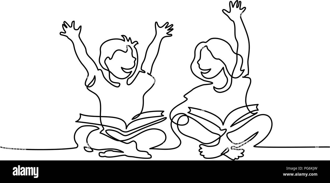 Continuo di un disegno della linea. Contenti i bambini la lettura di libri aperti seduto sul pavimento. Illustrazione Vettoriale Illustrazione Vettoriale