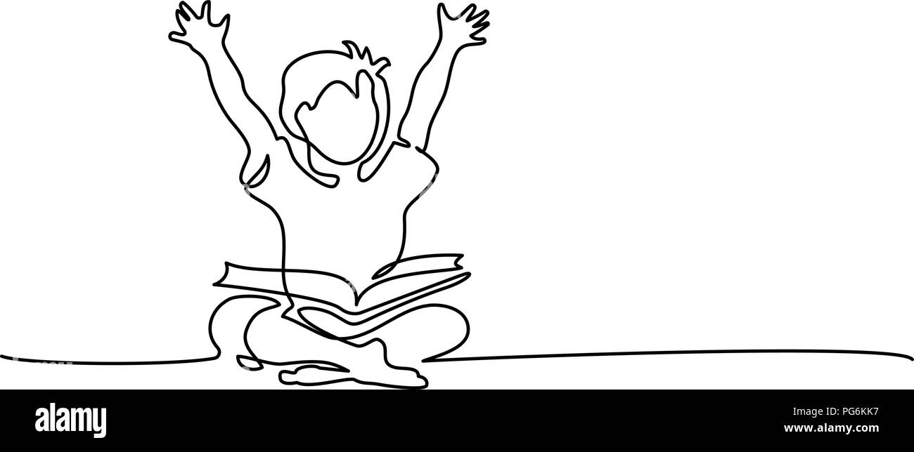 Continuo di un disegno della linea. Felice ragazzo lettura aperto libri seduto sul pavimento. Illustrazione Vettoriale Illustrazione Vettoriale