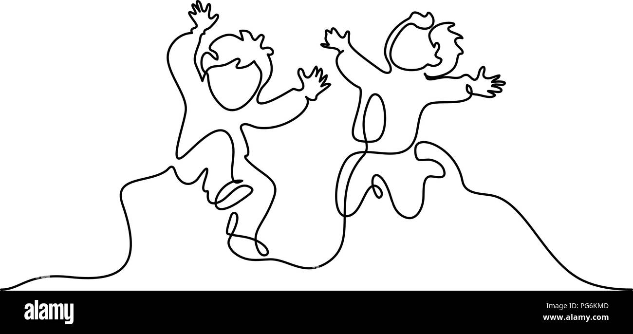 Continuo di un disegno della linea. Happy boys allievo correre e saltare. Illustrazione Vettoriale. Concetto di logo, scheda, banner, poster flyer Illustrazione Vettoriale