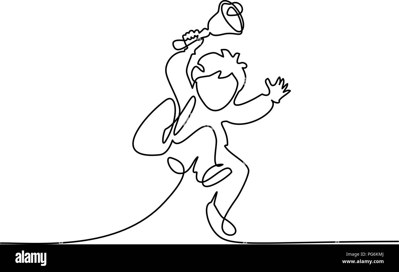 Continuo di un disegno della linea. Felice ragazzo allievo jumping con campanello scuola. Illustrazione Vettoriale. Concetto di logo, scheda, banner, poster flyer Illustrazione Vettoriale