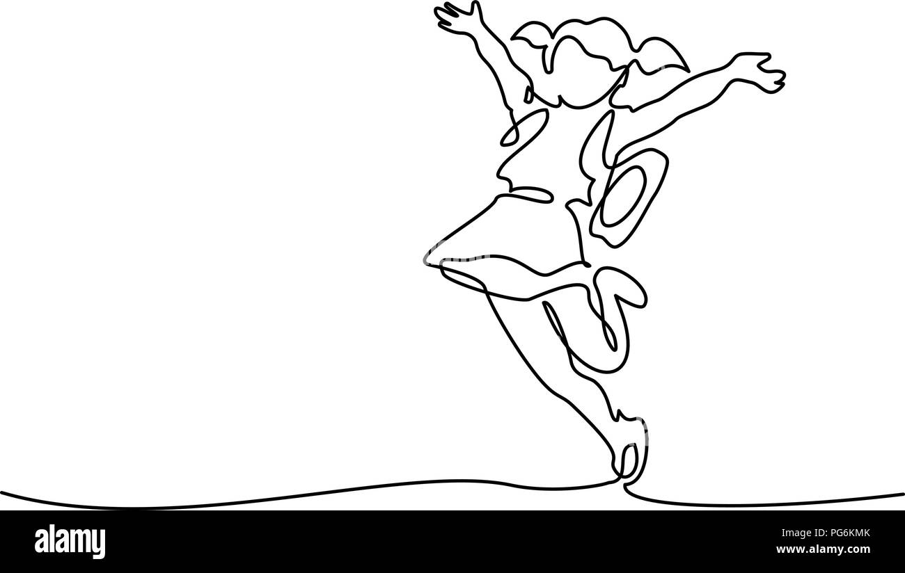 Continuo di un disegno della linea. Felice ragazza di correre e saltare. Illustrazione Vettoriale. Concetto di logo, scheda, banner, poster flyer Illustrazione Vettoriale