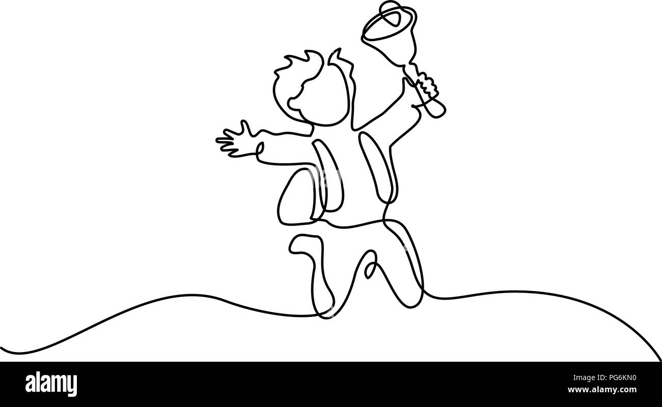 Continuo di un disegno della linea. Felice ragazzo allievo jumping con campanello scuola. Illustrazione Vettoriale. Concetto di logo, scheda, banner, poster flyer Illustrazione Vettoriale
