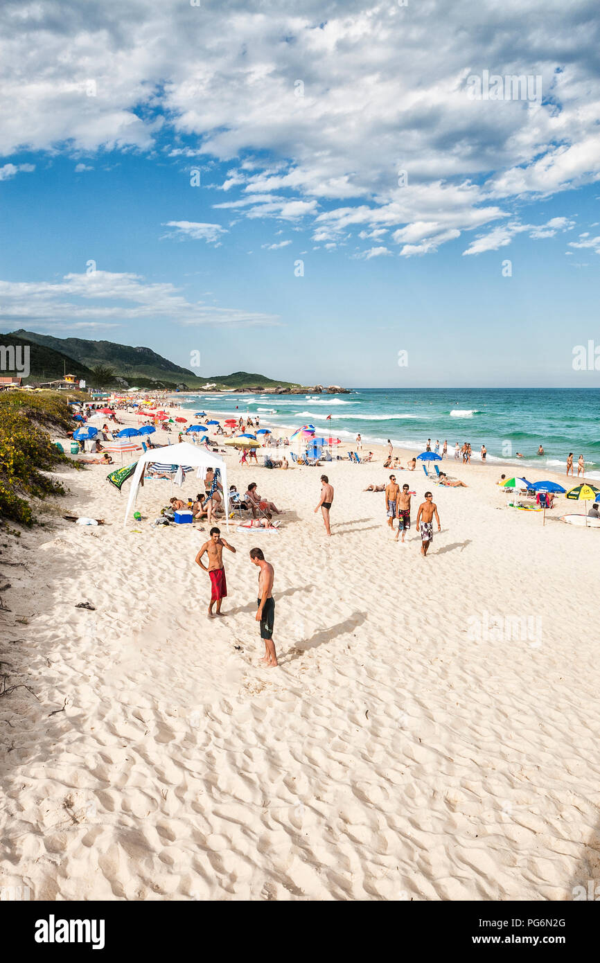 Mole Beach, una delle più affollate spiagge dell isola di Santa Catarina, durante la stagione estiva. Florianopolis, Santa Catarina, Brasile. Foto Stock