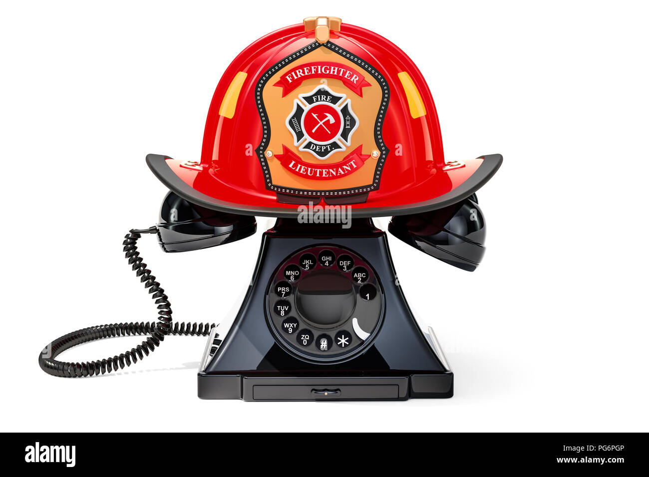 Telefono con vigile del fuoco casco 911 concetto. 3D rendering isolati su sfondo bianco Foto Stock