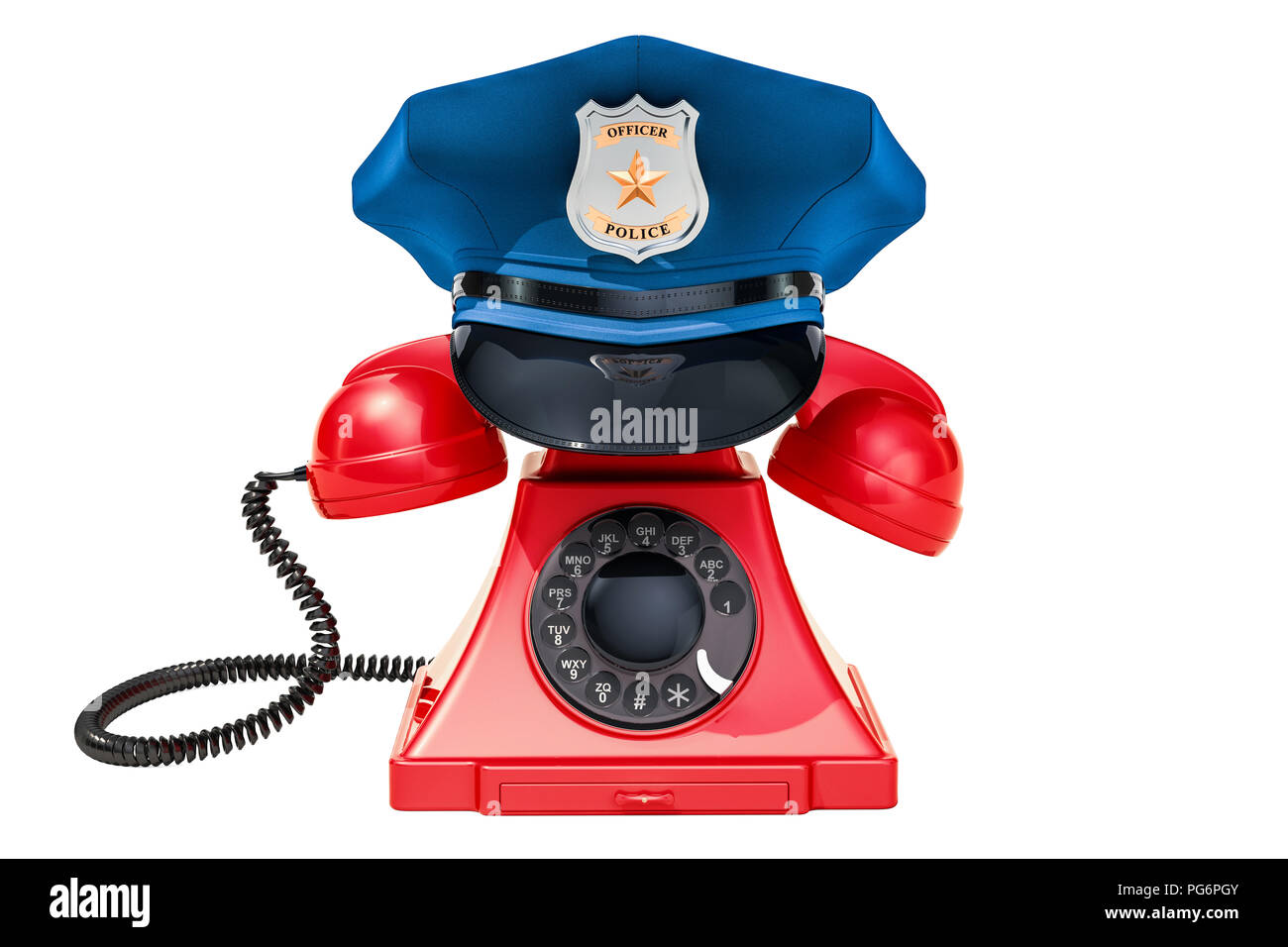 Telefono con cappuccio di polizia, 911 concetto. 3D rendering isolati su sfondo bianco Foto Stock