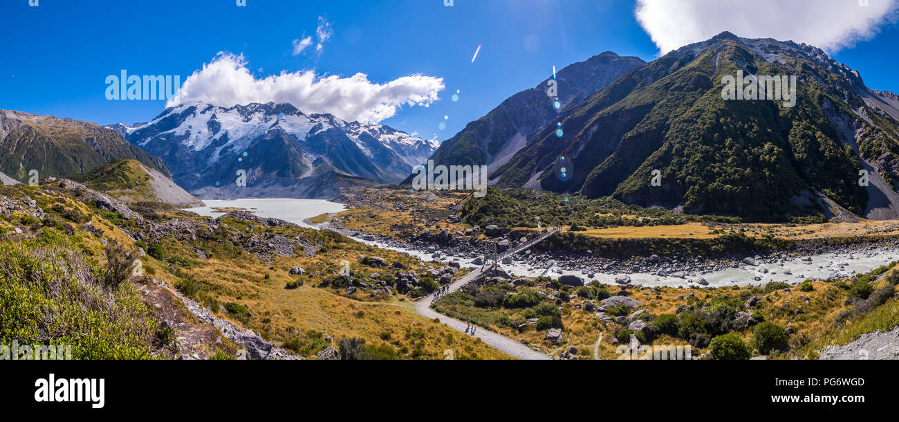 Nuova Zelanda, South Island, in vista di Hooker Valley al parco nazionale di Mount Cook Foto Stock