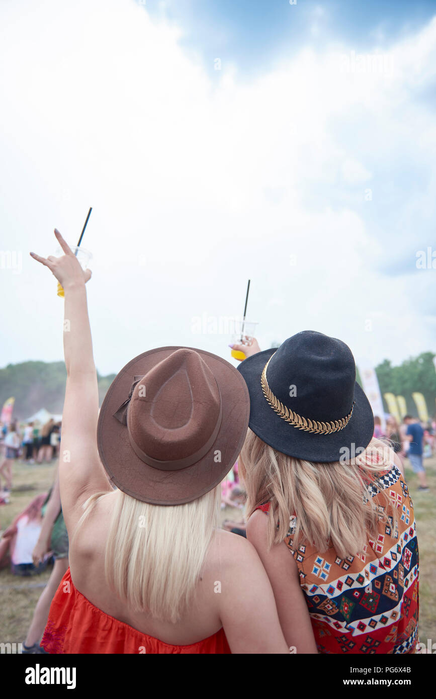 Gli amici il tifo e tenendo i bicchieri di plastica durante il festival di musica Foto Stock