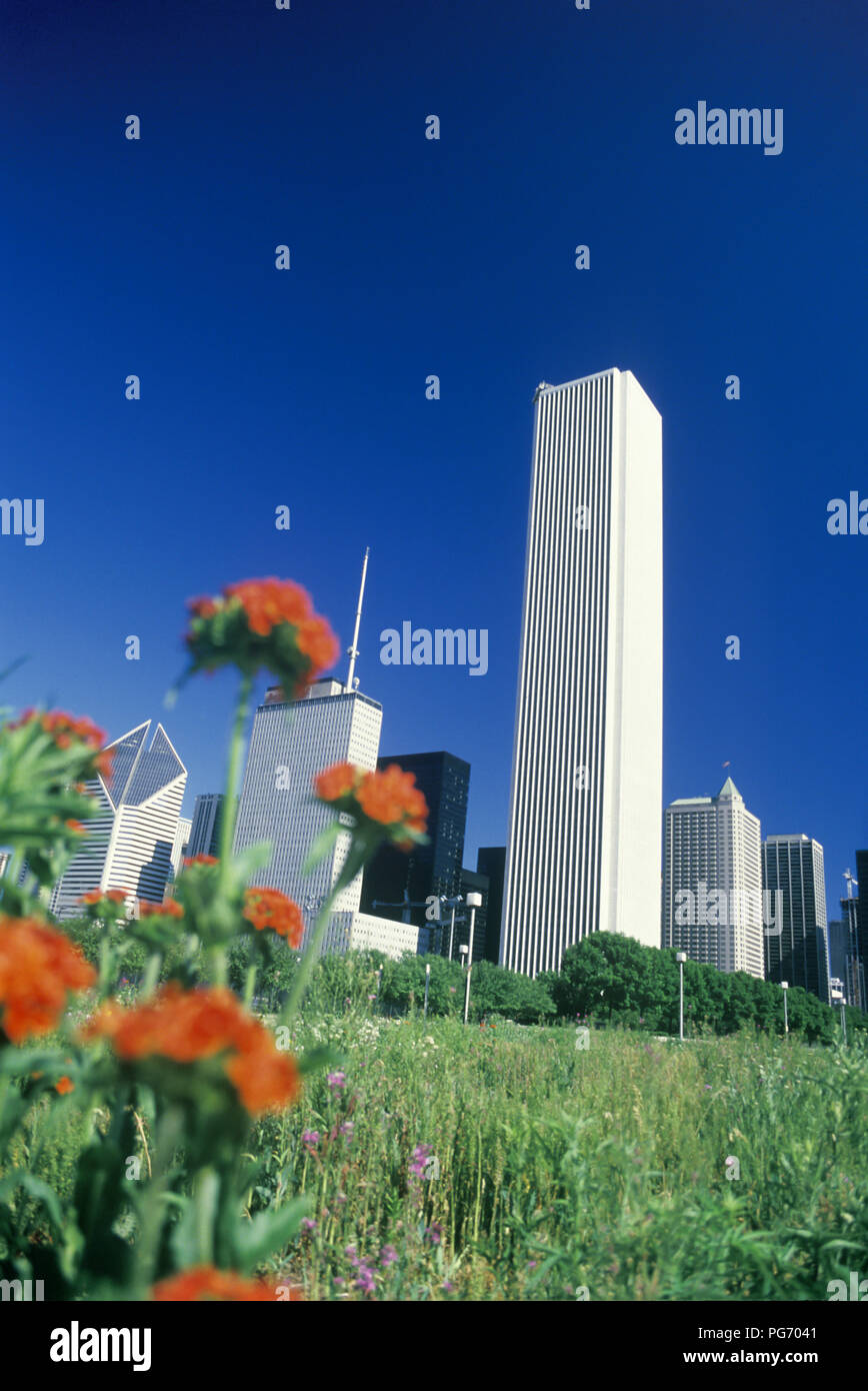 Storico 1988 GRANT PARK skyline di Chicago, Illinois, Stati Uniti d'America Foto Stock
