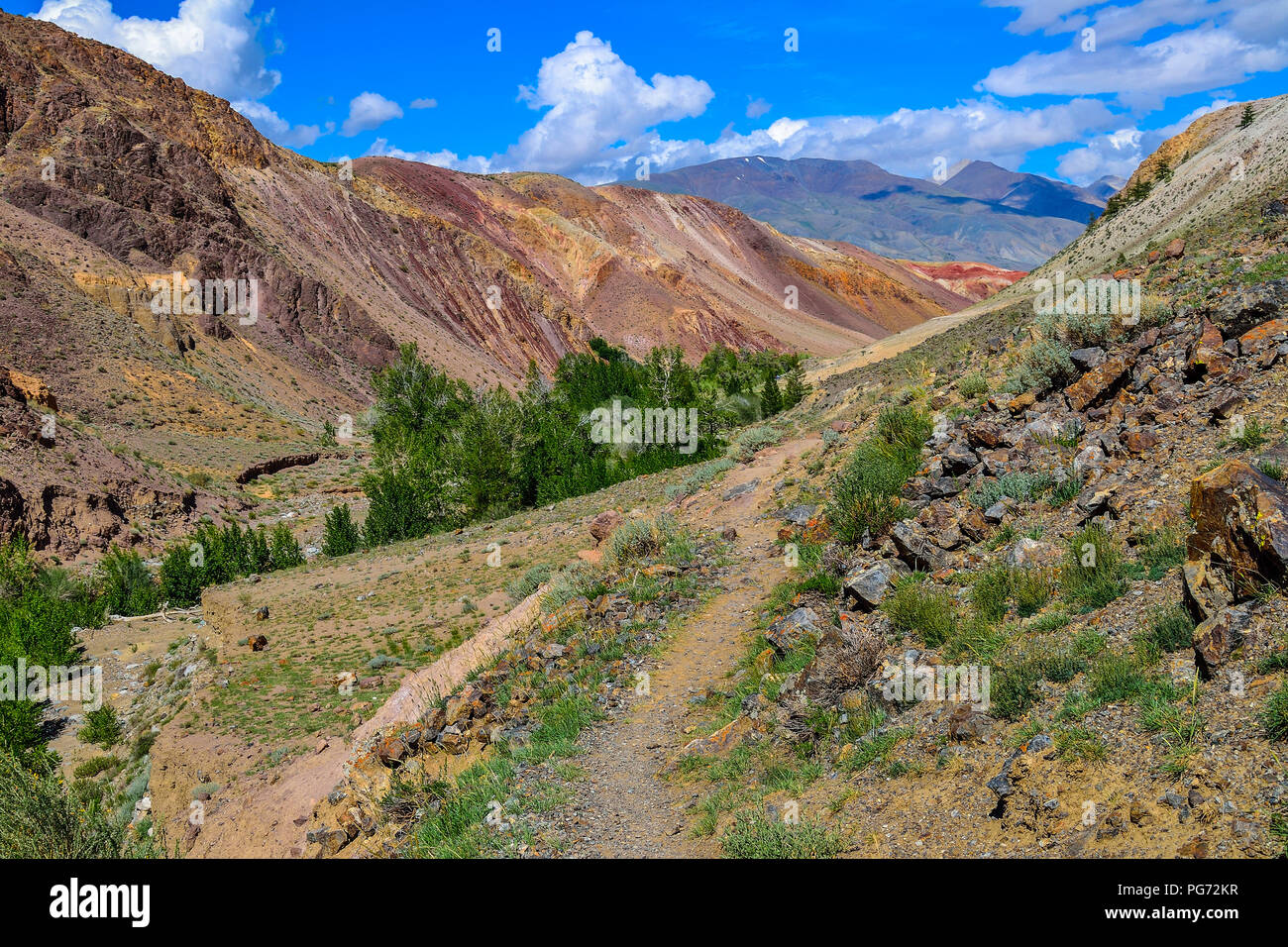 Vista della bellissima unrealy multicolore scogliere di argilla Kyzyl mento e gamma Kuray sullo sfondo di montagne di Altai, Russia Foto Stock