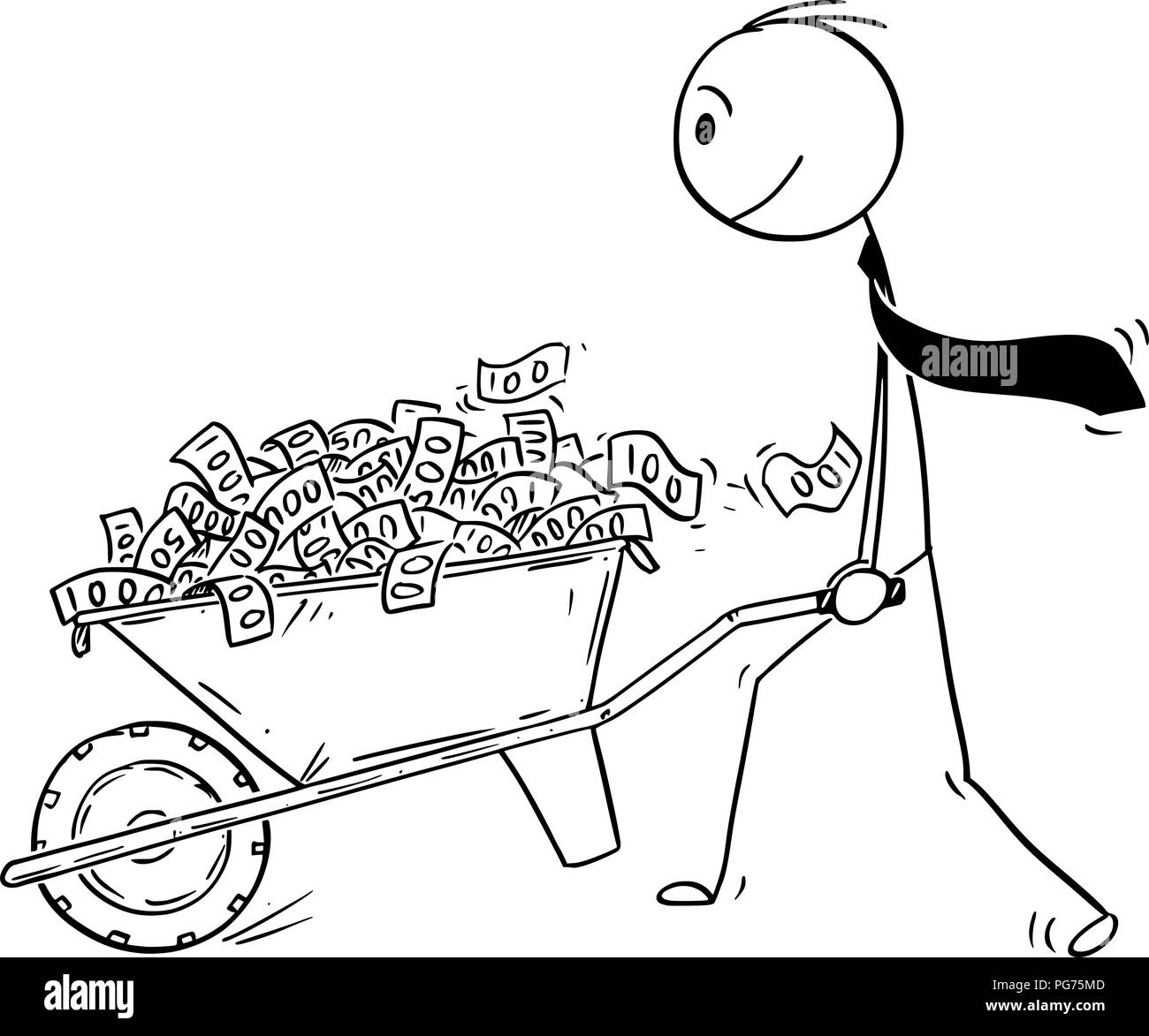 Cartoon di uomo o imprenditore o politico spingendo carriola piena di denaro o di banconote Illustrazione Vettoriale