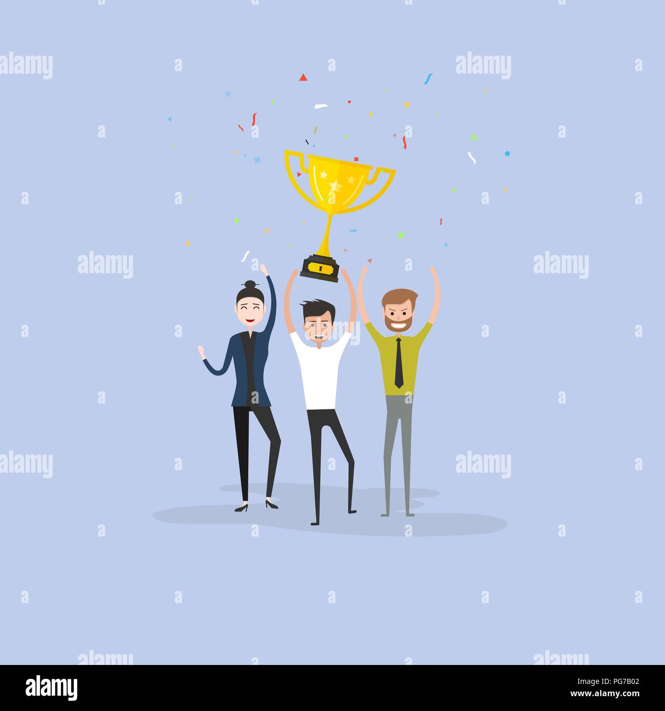 Team di felice giovani uomini & donne icona con brillante vincitore golden cup.Felice giovani persone di affari e Golden Trophy cup.business di successo del lavoro di squadra conce Illustrazione Vettoriale