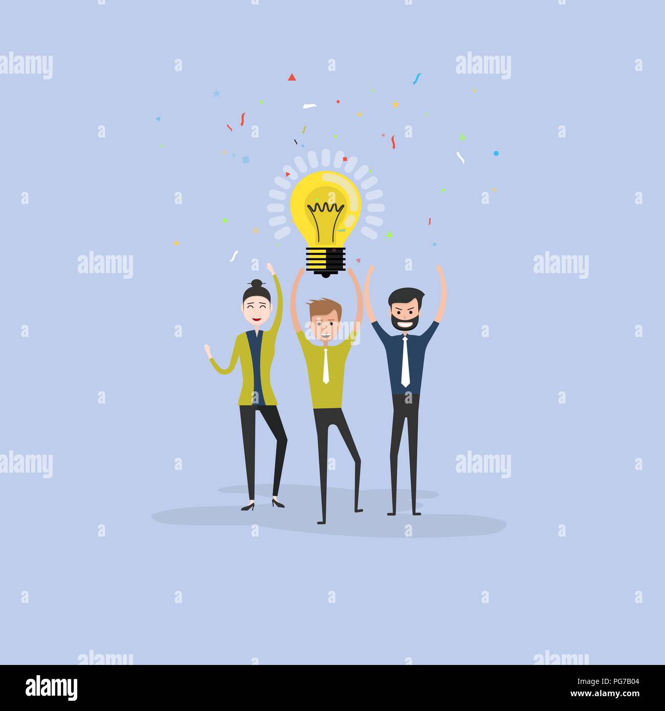 Team di felice giovani uomini & donne icona con lampadina simbolo.Felice giovane gente di affari e lampada.business di successo del lavoro di squadra concetto.Business team di Illustrazione Vettoriale