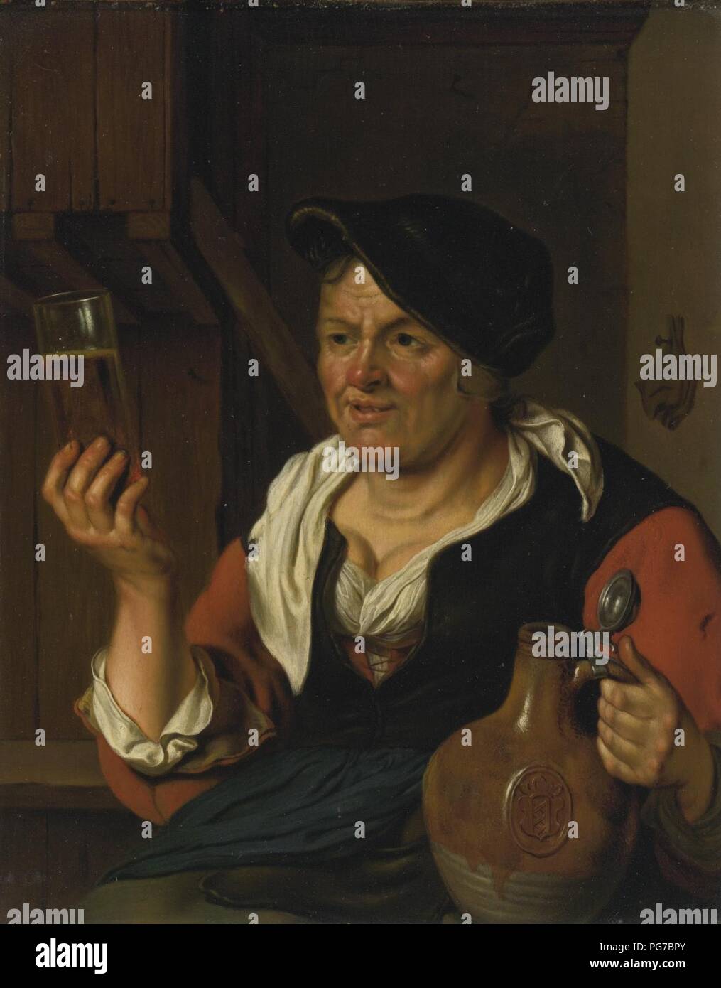 Attribuito a Carel de Moor contadina in un interno con in mano un bicchiere di birra e di Caraffa. Foto Stock