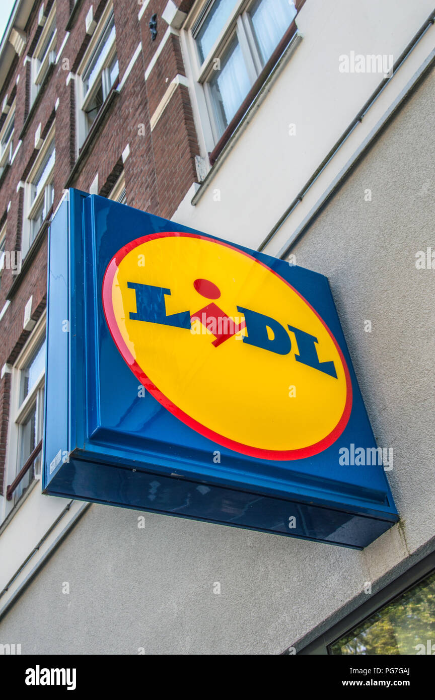 Close up di un cartellone di Lidl a Amsterdam Paesi Bassi 2018 Foto Stock