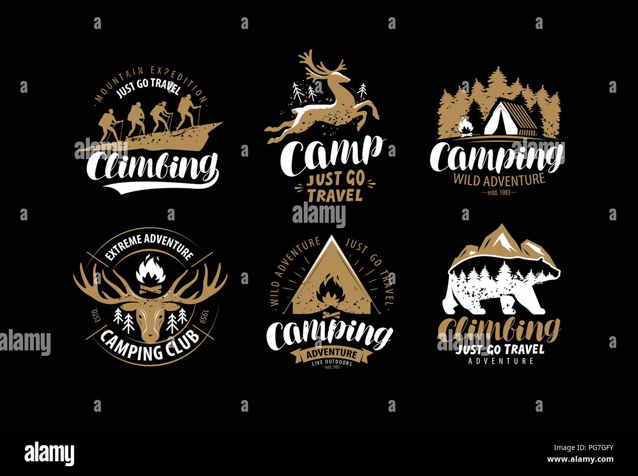 Camping, escursione logo o emblema. Escursione di alpinismo, set di etichette. Vettore di vintage Illustrazione Vettoriale