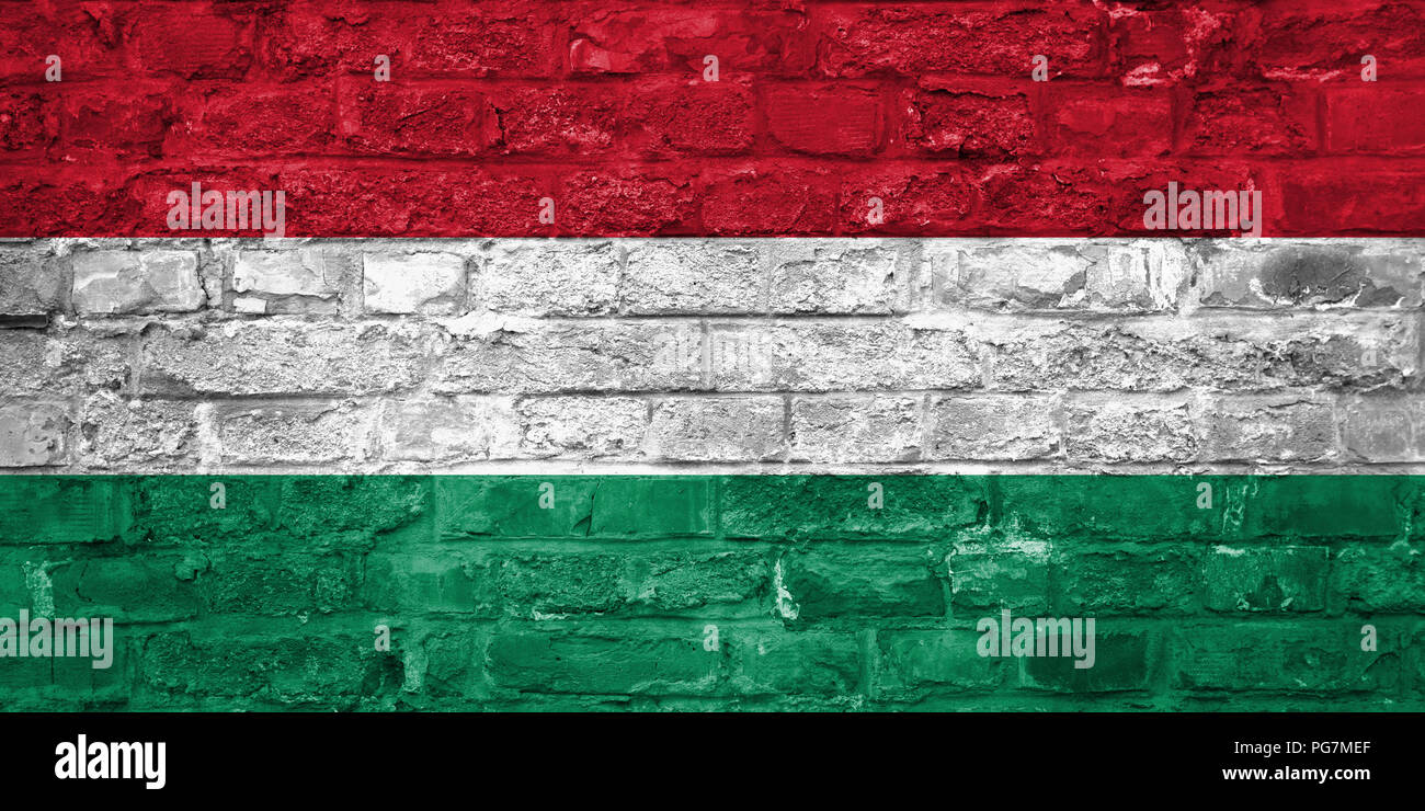 Bandiera dell'Ungheria su un vecchio muro di mattoni di sfondo, superficie Foto Stock