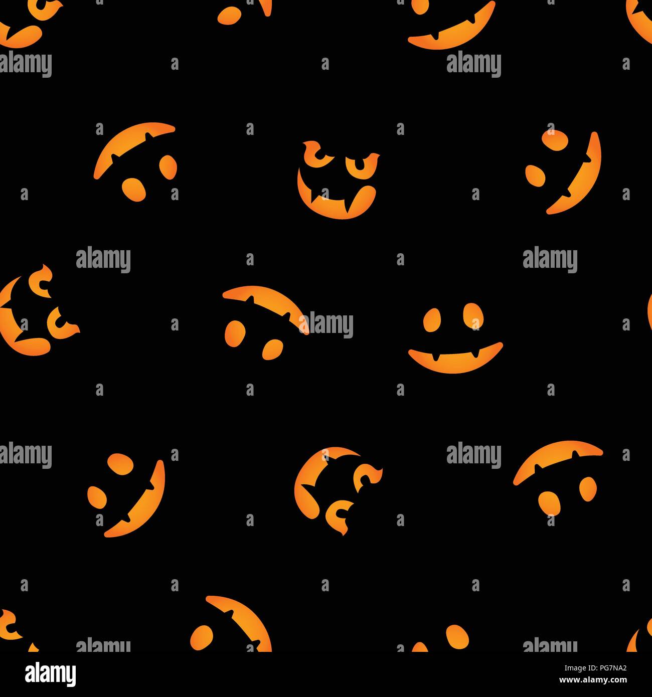 Facce di zucca incandescente su sfondo scuro. Modello senza giunture. Illustrazione Vettoriale