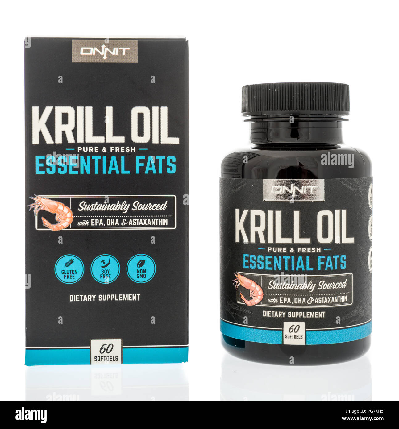 Winneconne, WI - 23 agosto 2018: una bottiglia di Onnit olio di krill supplemento su un sfondo isolato Foto Stock
