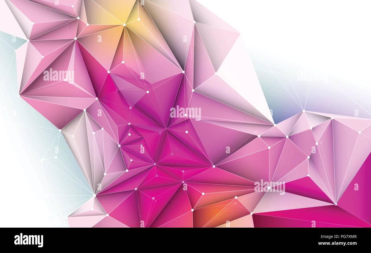 Illustrazione geometrica vettoriale 3D, poligono, linea, forma a triangolo con struttura della molecola. Poligonale con sfondo blu viola e rosso. Illustrazione Vettoriale