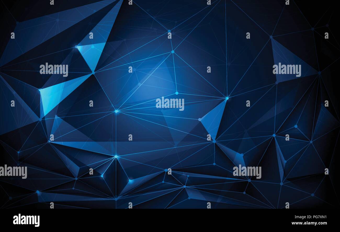 Illustrazione geometrica vettoriale 3D, poligono, linea, forma a triangolo con struttura della molecola. Poligonale con sfondo blu viola e giallo. Illustrazione Vettoriale