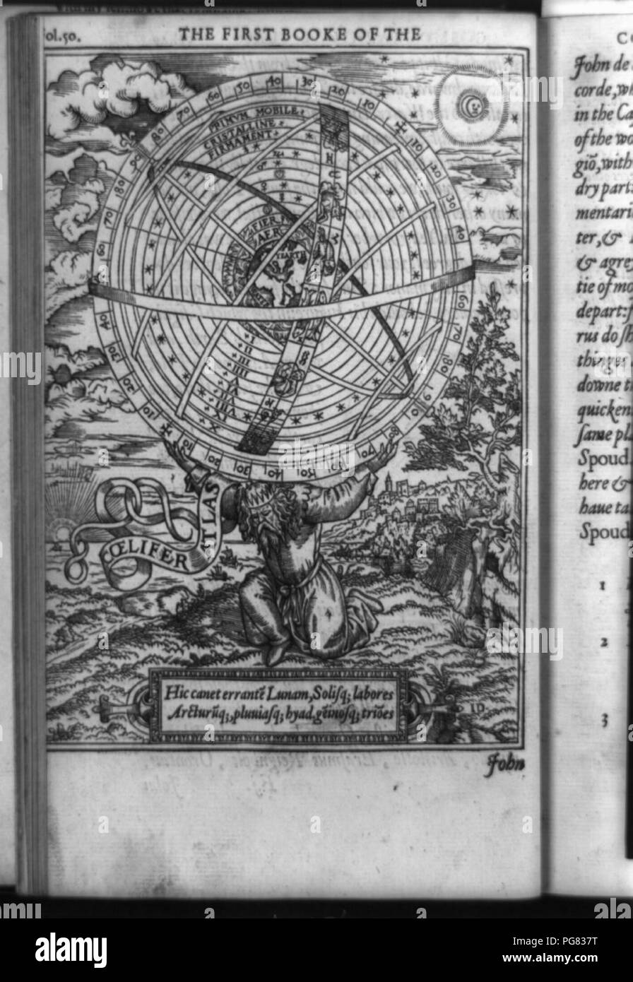 Atlas, vestito come un antico re, tenendo terra universo centrato sulle sue spalle Foto Stock