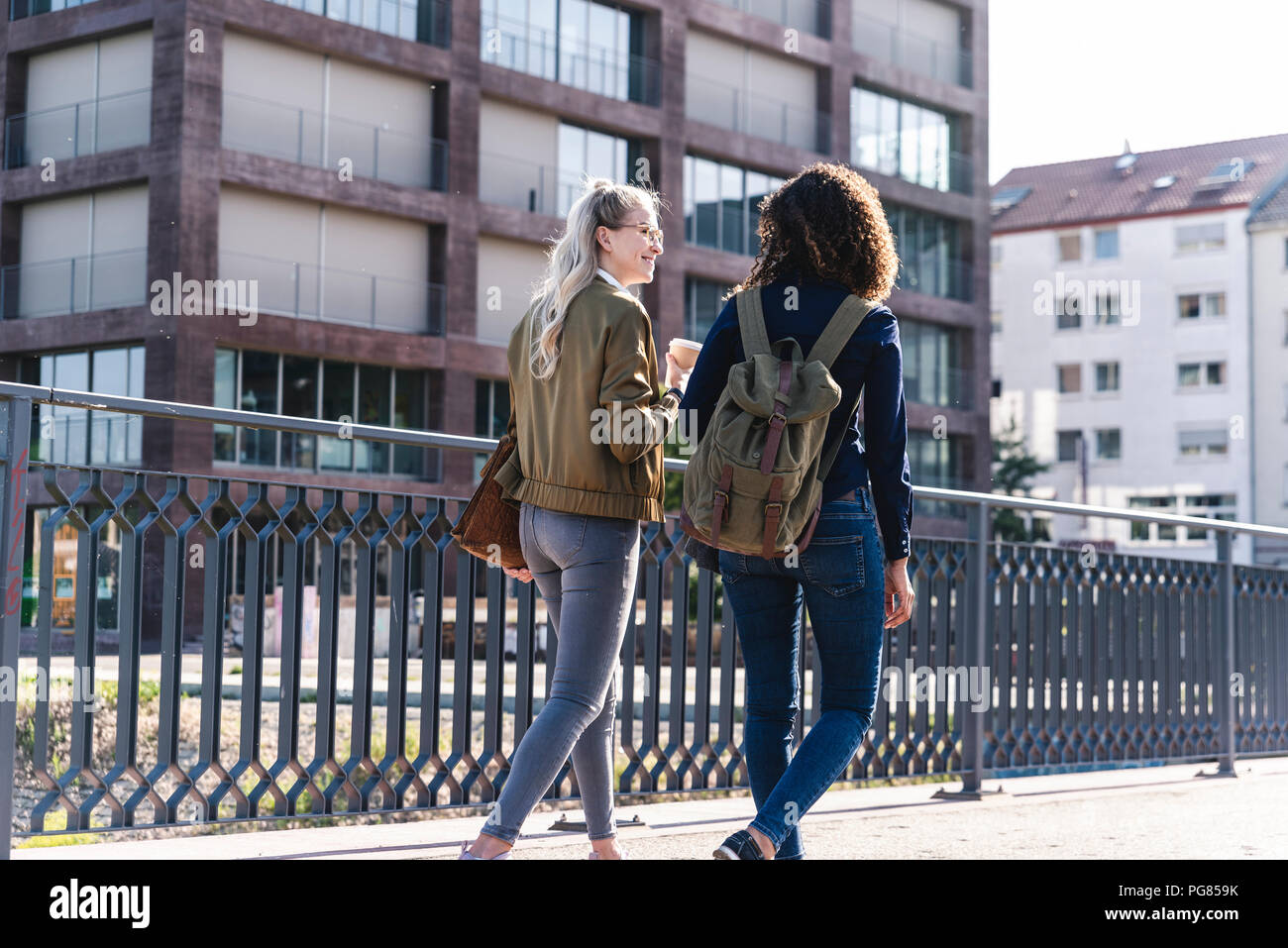 Amici camminando sul ponte, parlando, divertendosi, vista posteriore Foto Stock