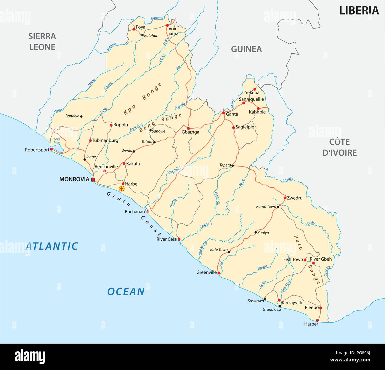 Repubblica di Liberia road mappa vettoriale. Illustrazione Vettoriale