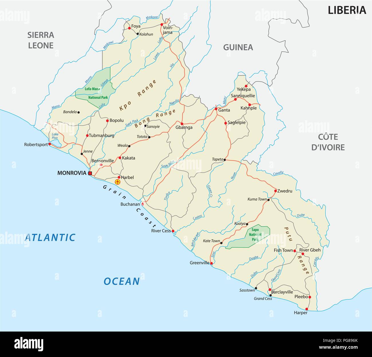 Repubblica di Liberia road e il parco nazionale di mappa vettoriale. Illustrazione Vettoriale