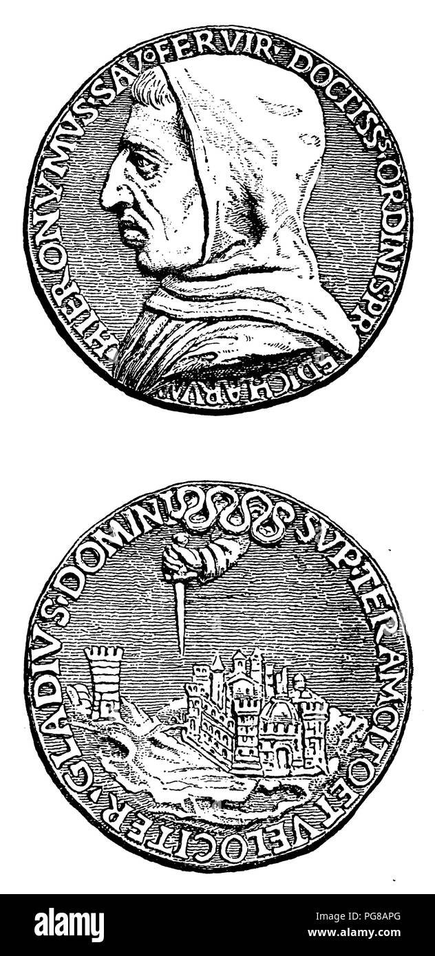 Medaglia commemorativa Savonarola. (Retro mostra la mano di Dio rinforzato con una vendetta e rivolta contro Firenze), 1923 Foto Stock
