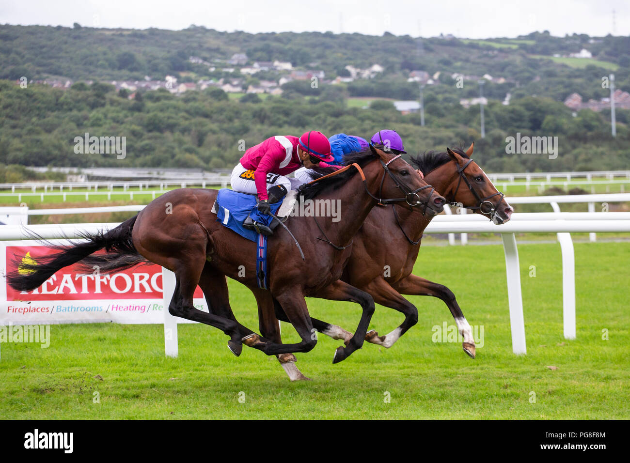 Ffos Las Racecourse, Trimsaran, Wales, Regno Unito. Venerdì 24 agosto 2018. Palavecino (jockey Nicky Mackay) (lato lontano) vince l'O'Brien & Partners/EBF novizio picchetti (Gara 2) da Momkin (jockey Silvestre De Sousa) Credito: Gruffydd Thomas/Alamy Live News Foto Stock