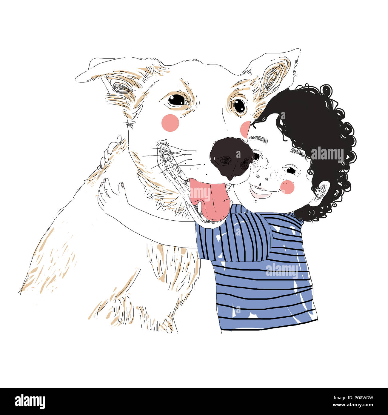 Illustrazione di un simpatico ragazzino abbraccia il suo amico big dog. La vera amicizia concerto. Il trasporto di animali domestici del concetto. Può essere utilizzato per t-shirt, stampa kids w Foto Stock