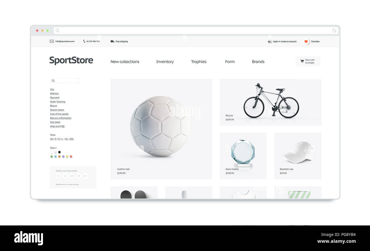 Sport Sito Webstore modello mock up isolato, 3d'illustrazione. Pagina web di formazione mockup di interfaccia. Il sito internet di modello. Web store del layout dello schermo Foto Stock