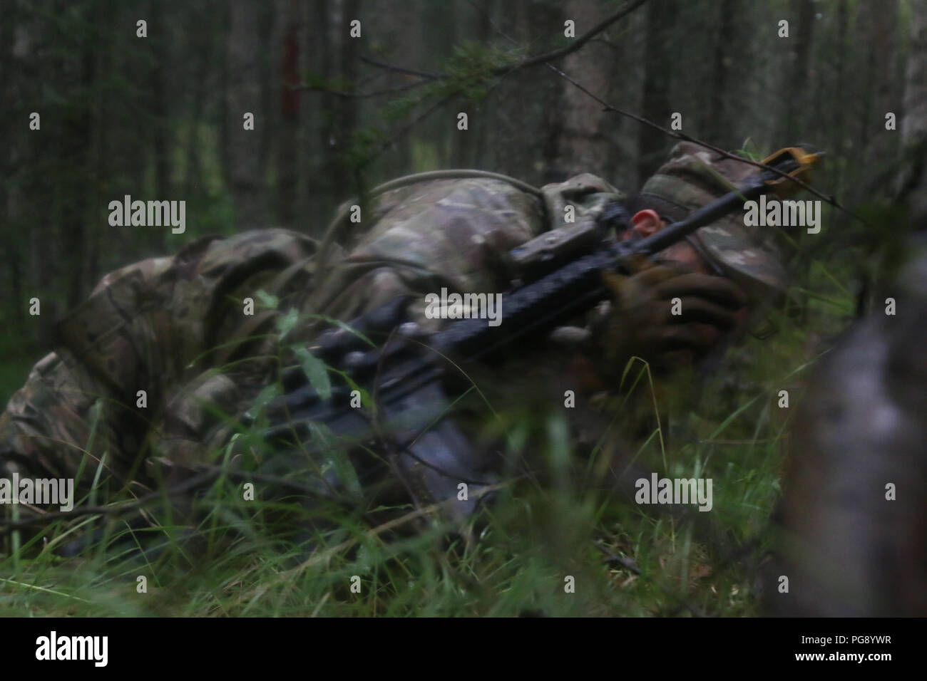 Un paracadutista con una società, 1° Battaglione, 501Parachute Reggimento di Fanteria, utilizza l'alta-crawl per chiudere la distanza con le truppe nemiche egli ha individuato in precedenza durante una missione di addestramento a base comune Elmendorf-Richardson 21 Agosto, 2018. L'alto-crawl è un metodo per la movimentazione attraverso il terreno mantenendo la testa e arma da terra riducendo notevolmente il profilo di paracadutisti, riducendo la sua possibilità di essere individuato. Foto Stock