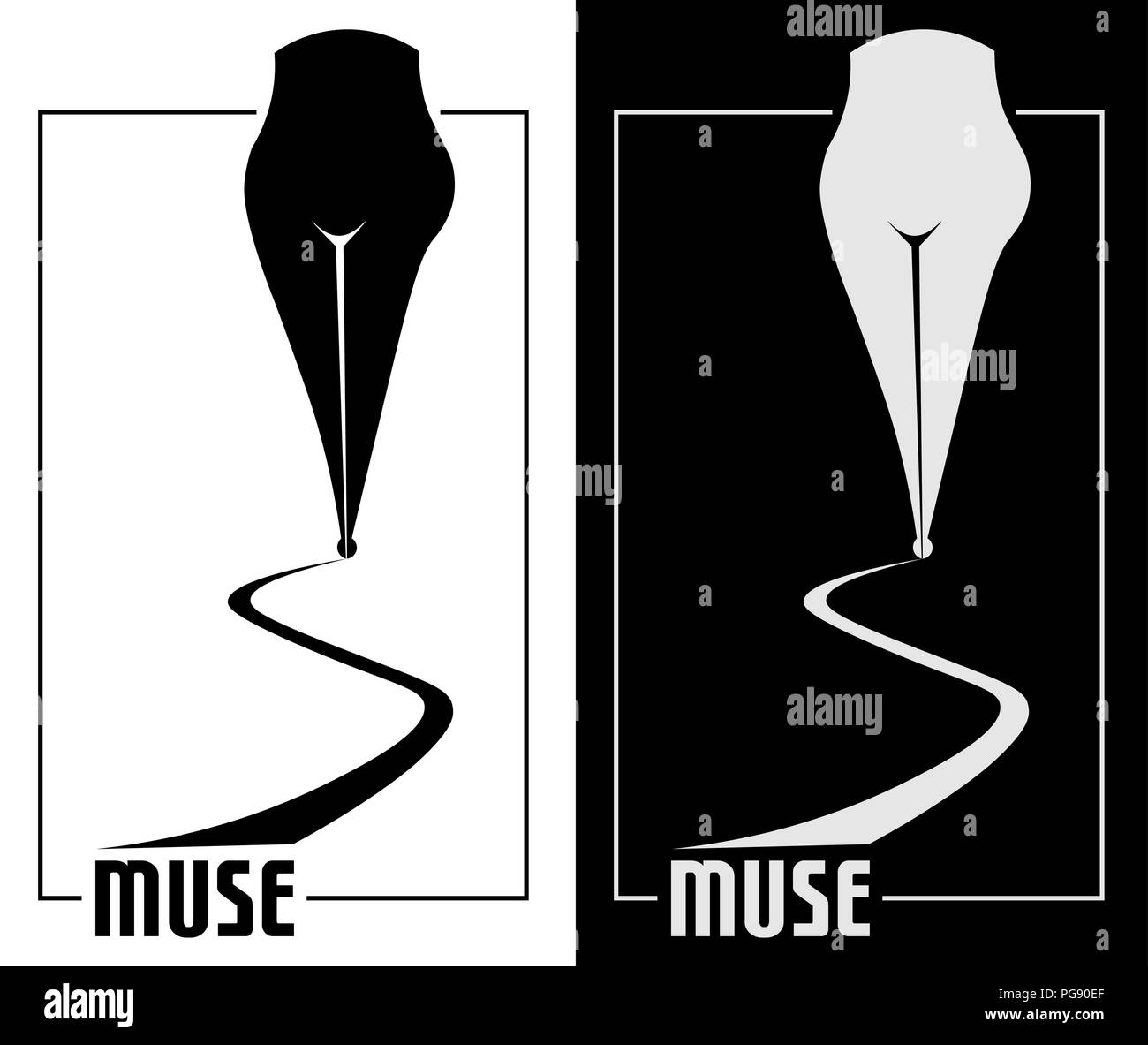 Il poeta la penna con forme femminili di muse minimalismo logo arte Illustrazione Vettoriale