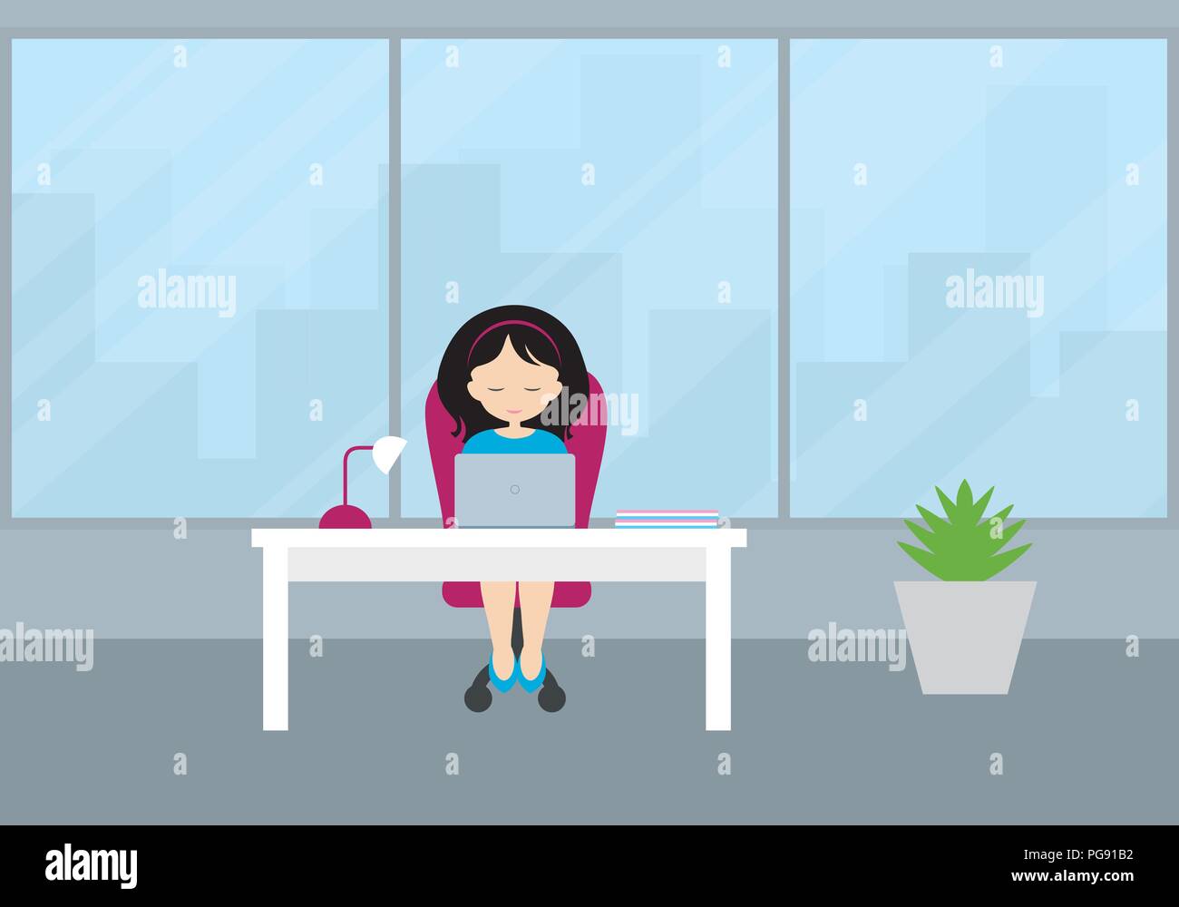 Giovane donna - manager seduti in uno studio su una sedia rossa in corrispondenza di un banco di bianco e di lavorare su un laptop. Camera con vaso di fiori, grande finestra e viste della città b Illustrazione Vettoriale