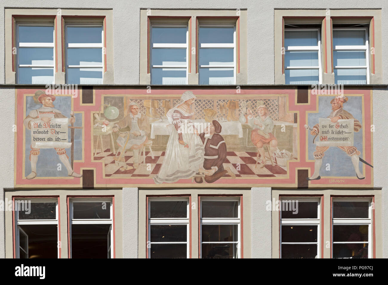 Casa dipinta di facciata, città vecchia, Wangen, Allgaeu, Baden-Wuerttemberg, Germania Foto Stock