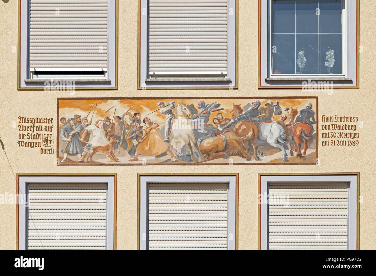 Casa dipinta di facciata, città vecchia, Wangen, Allgaeu, Baden-Wuerttemberg, Germania Foto Stock