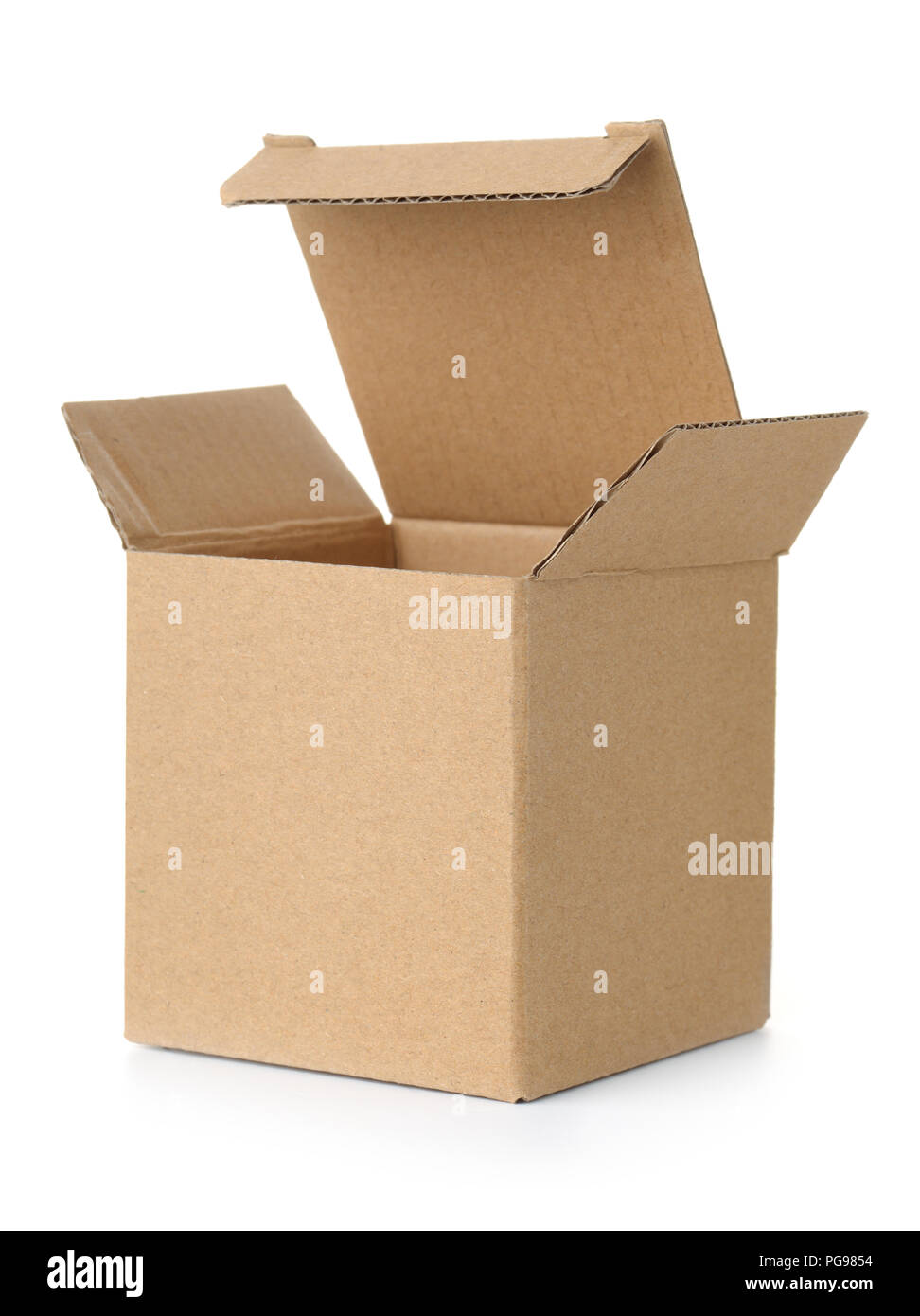 Aprire marrone a scatola di cartone isolato su bianco Foto Stock