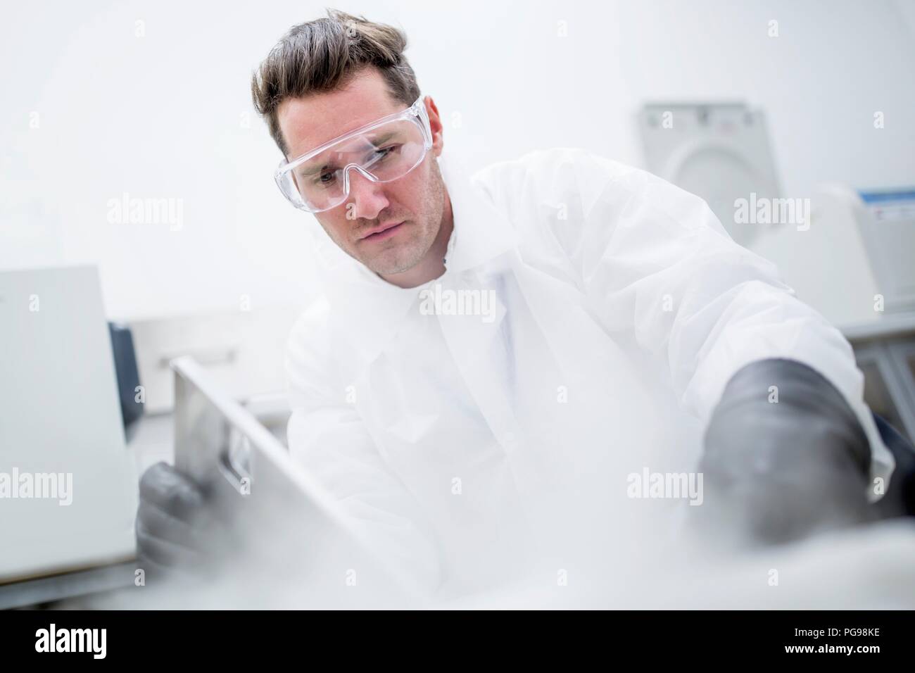 Il tecnico la memorizzazione di cellula staminale campioni in applicazioni di crioconservazione. Essi sono stati congelati in azoto liquido alla loro conservazione. Le cellule staminali sono una potenziale fonte di cellule per riparare il tessuto danneggiato in malattie quali il morbo di Parkinson e il diabete insulino-dipendente. Foto Stock