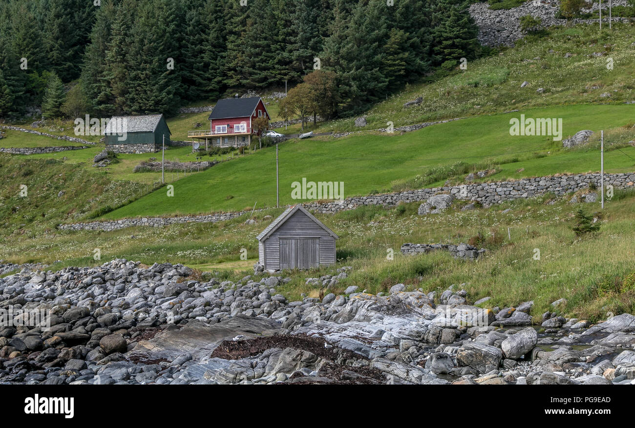 Rurali paesaggio norvegese con una casa e due fienili. Foto Stock