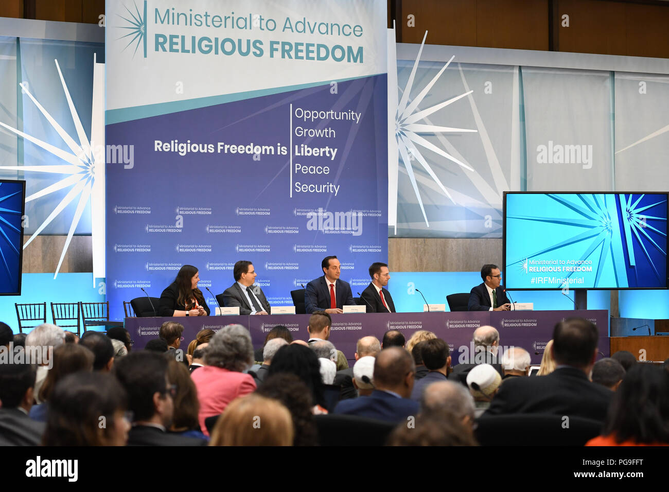 Settore privato l'impegno da fondazioni per le aziende il pannello in corrispondenza della riunione ministeriale di avanzare la libertà religiosa presso l'U.S. Il Dipartimento di Stato a Washington D.C. il 24 luglio 2018. Foto Stock