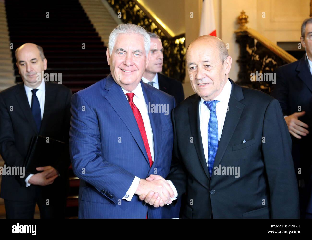 Stati Uniti Il segretario di Stato Rex Tillerson incontra il ministro degli Esteri francese Jean-Yves Le Drian al Quai d'Orsay a Parigi in Francia il 23 gennaio 2018. Foto Stock