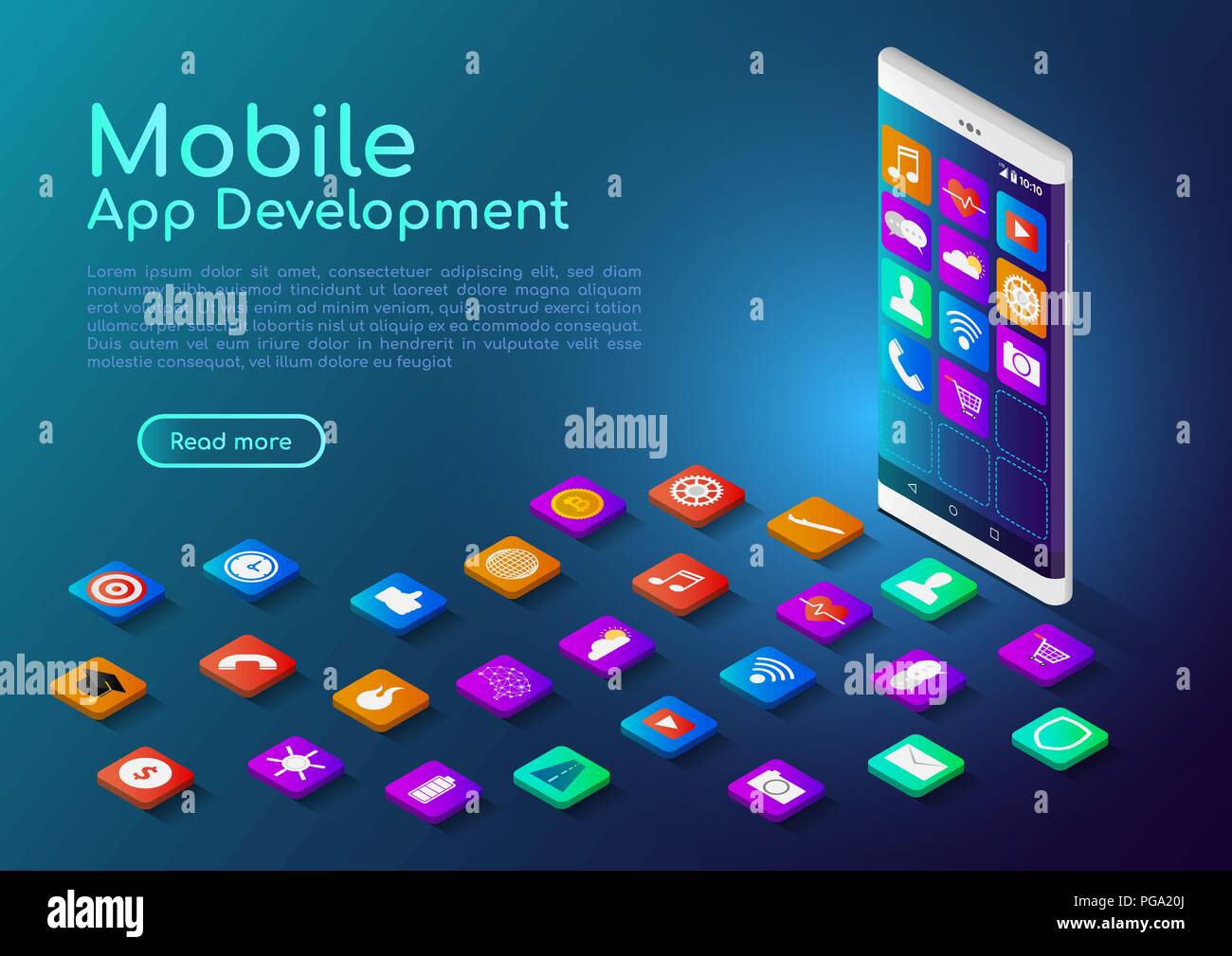 3D isometrica di banner per il web con smartphone mobile app icona. Lo sviluppo di applicazioni mobile landing page concetto. Illustrazione Vettoriale