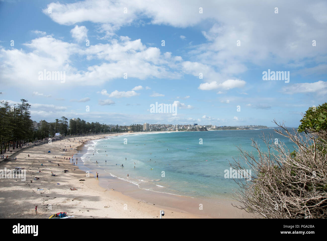 Vista della spiaggia di Manly dall'estremità meridionale, guardando verso Queenscliff, Nuovo Galles del Sud, Australia Foto Stock
