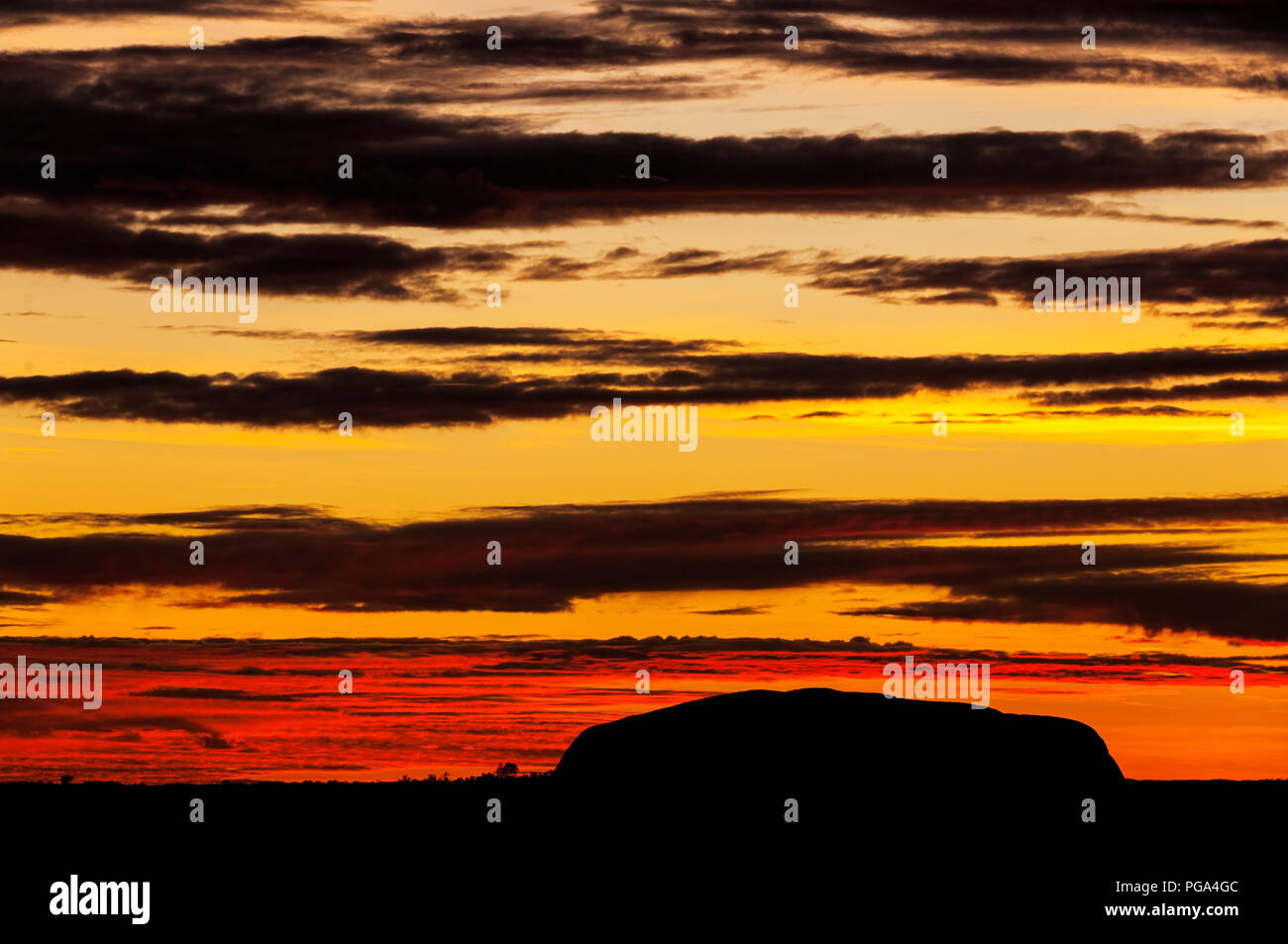 Uluru silhouette in un colorato sunrise. Foto Stock