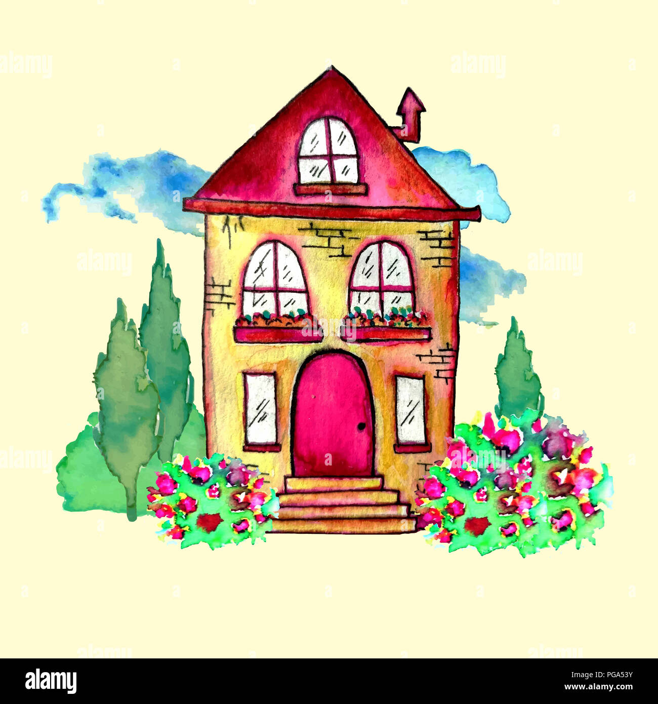 Carino acquerello paesaggio con la casa e il giardino. Sweet home concept. Dipinto a mano carta con happy house, blue clouds, cespugli e fiori. Immagine raster Foto Stock