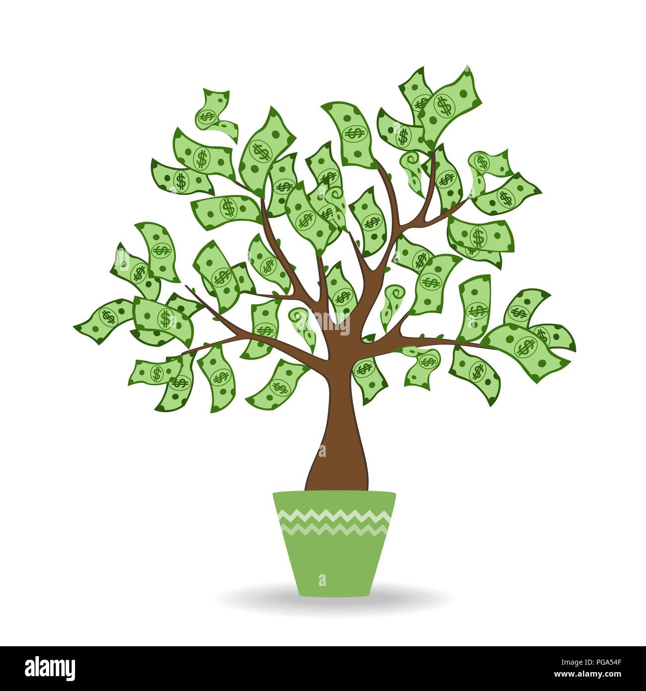Money Tree in verde vaso di ceramica. Verde di banconote in contanti ad albero. Appartamento moderno concetto di stile illustrazione vettoriale Illustrazione Vettoriale