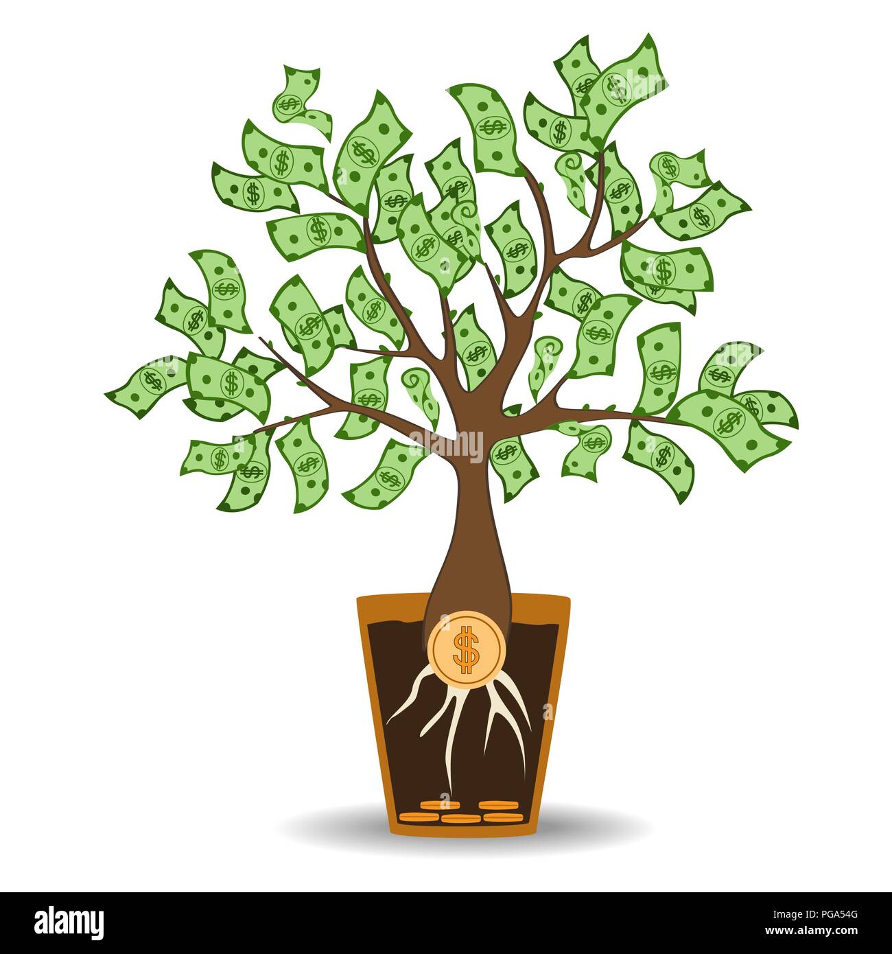 Money Tree crescente da una moneta root. Verde di banconote in contanti di albero in vaso di ceramica. Appartamento moderno concetto di stile illustrazione vettoriale Illustrazione Vettoriale