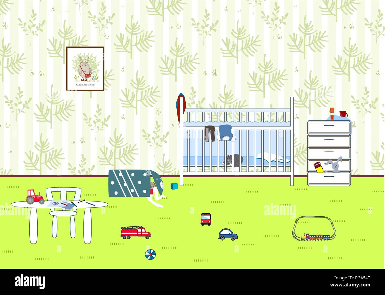 Kids disordine e confusione camera. Bambini giocattoli sparsi. Stanza dei bambini. Pasticcio in casa. Illustrazione Vettoriale Illustrazione Vettoriale